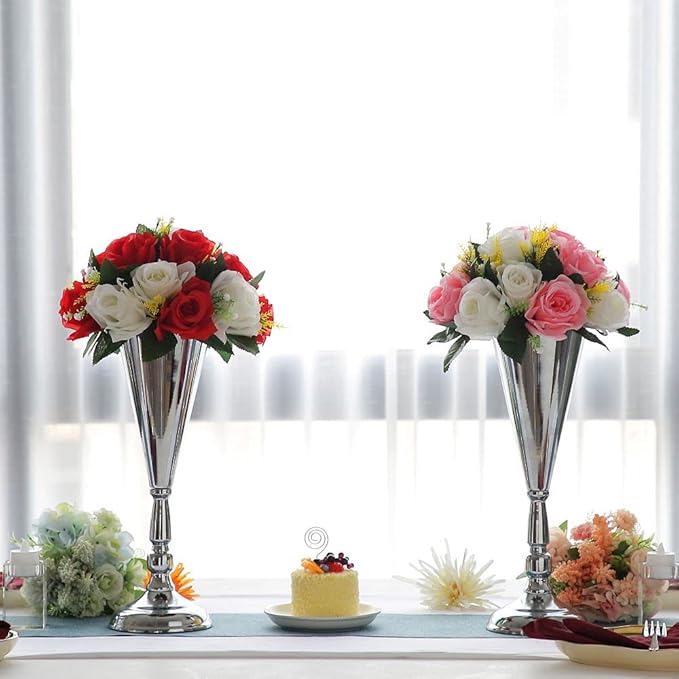 Tabletop Metal Wedding Flower Trumpet Vase Table Decorative Gold,Silver Candlestick Holders Flower Vase Stand Wedding Road Lead Tall Flower Holders (Silver, 10xM)