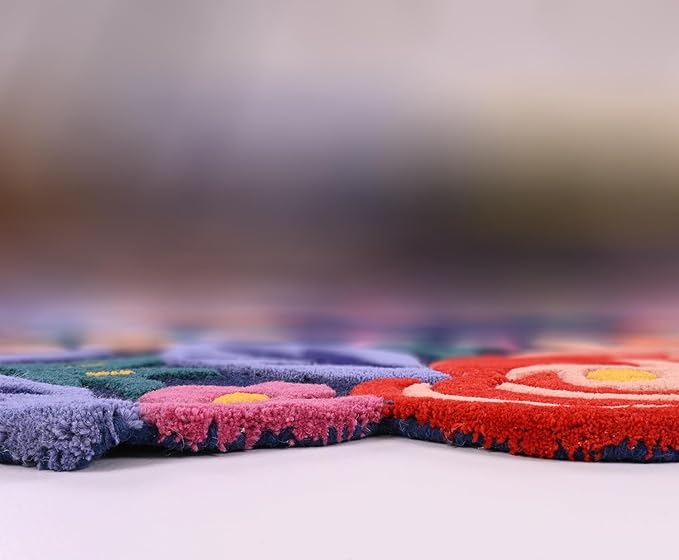 Handmade Irregular Floral Wool Area Rug Vibrant Multicoloured Garden Flower Design Soft Plush Durable Thick Carpet for Living Room Bedroom (Dark Navy Blue, 6 x 9 feet, Feet)