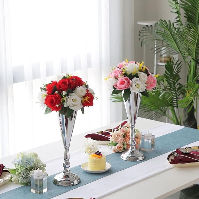 2 Pcs Metal Wedding Flower Trumpet Vase Table Decorative, Wedding Decorations for Reception, Home Decor, Large Party Event Decoration Silver