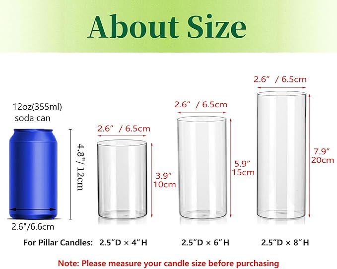 Glass Cylinder Vases Set of 6, Hewory Tall Clear Vase for Centerpieces, Glass Hurricane Candle Holders for Pillar Floating Candles, Round Vases for Wedding Events Table Decor, 2.6” in Diameter