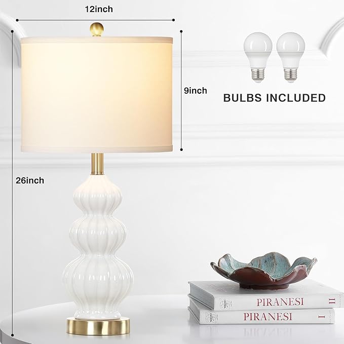 Modern White Table Lamps Set of 2 - Bedside Lamps for Night Stands, 26" Triple Gourd Ceramic Lamps for Living Room with USB A+C Ports & AC Outlet,3 Way Touch Lamps for Bedroom (LED Bulbs Included)