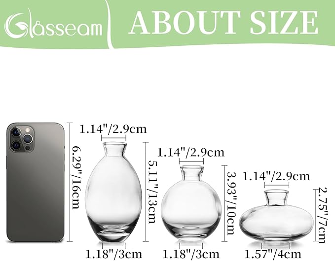 Glass Bud Vase for Centerpieces, 6Pcs/2Sets Glasseam Modern Clear Mini Small Vases for Flowers Bulk Flower Vase Set Aesthetic Cute Handmade Tiny Short Wedding Table Centerpiece Decor