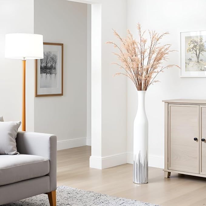 27.5 Inch White Floor Vase – Silver Geometric Tooth Pattern, Cylindrical Decorative Tall Vases for Modern Home, Wedding, Entryway – Resin Tall Floor Vase