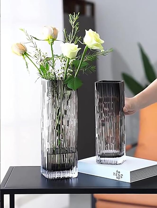 Modern Minimalist Glass Square vase, Crystal Glass vase, vase, Dry vase (Grey)
