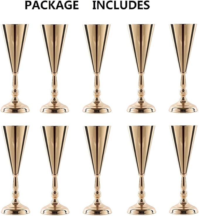 10 Pcs Tabletop Decoration Centerpiece, 14.4in Metal Wedding Flowers Small Gold Vase, Christmas Anniversary Birthday Party Home Decoration Flower Arrangement