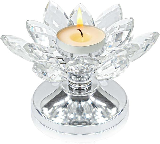 1 PC Silver Crystal Flower Tea Light Holder, Glass Tealight Candlestick with Metal Base, Votive Candle for Table Centerpiece, Wedding/Parties Decor, Nice Gift
