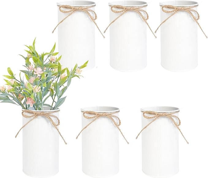 6" High Farmhouse Vases for Centerpiece, Rustic Mason Jars with Twine Bow for Flowers, Vintage Galvanized Metal Vase Tin Bucket for Wedding Home Decor (White, 6Pcs)