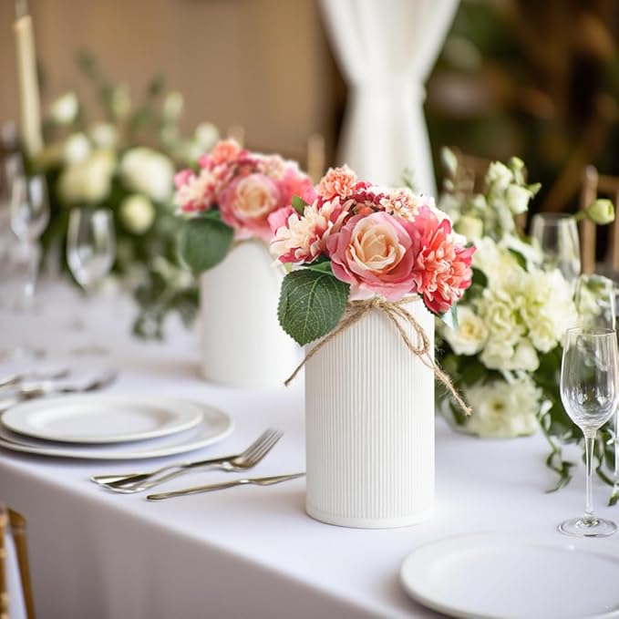 6" High Farmhouse Vases for Centerpiece, Rustic Mason Jars with Twine Bow for Flowers, Vintage Galvanized Metal Vase Tin Bucket for Wedding Home Decor (White, 2Pcs)