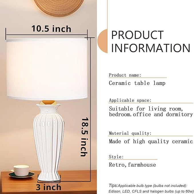 Modern Ceramic Table Lamp Set of 2, White Table Lamps for Living Room Office Dorm, Vintage Bedside Lamps for Bedroom Decor Farmhouse