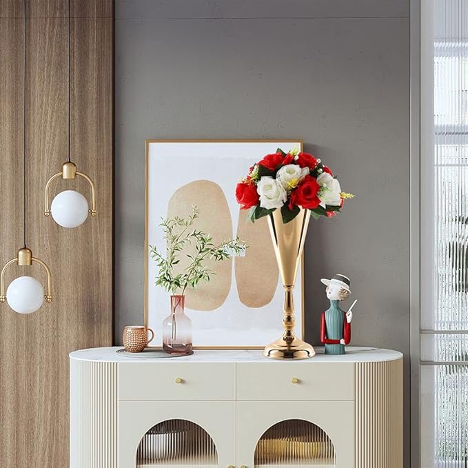 2 Pcs Tabletop Decoration Centerpiece, 14.4in Metal Wedding Flowers Small Gold Vase, Christmas Anniversary Birthday Party Home Decoration Flower Arrangement