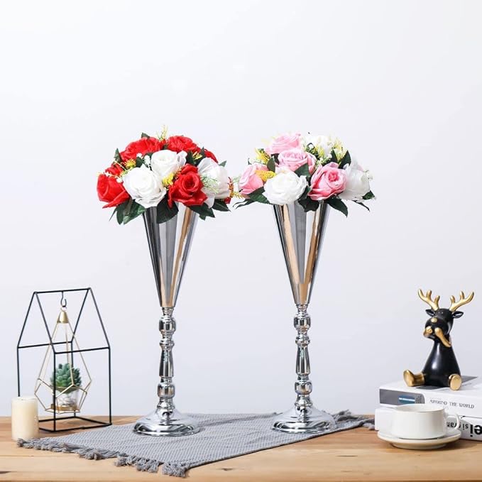 Tabletop Metal Wedding Flower Trumpet Vase Table Decorative Gold,Silver Candlestick Holders Flower Vase Stand Wedding Road Lead Tall Flower Holders