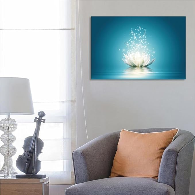 Zen Wall Art Flower Canvas Poster Lotus Bloom in Water Picture Lotus Prints Teal Blue Painting Room Aesthetic for Living Room Bedroom Yoga Spa Meditation Spiritual Wall Decor 16"x24" Unframed