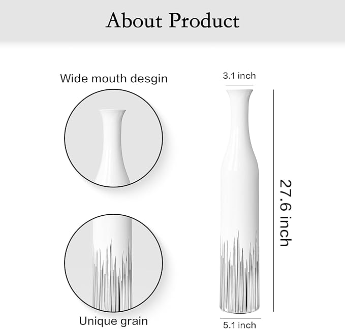 27.5 Inch White Floor Vase – Silver Geometric Tooth Pattern, Cylindrical Decorative Tall Vases for Modern Home, Wedding, Entryway – Resin Tall Floor Vase