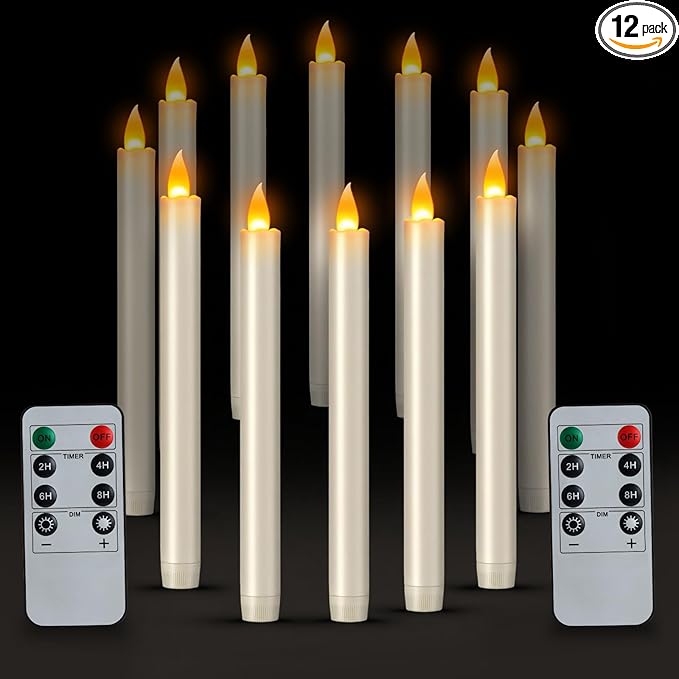 10" Flameless Taper Candles with Remote, Electric Led Candlesticks, Plastic Tall Taper Candles Battery Operated with Flickering Flame for Halloween Christmas Wedding Home Décor(Ivory, 12 Pack)