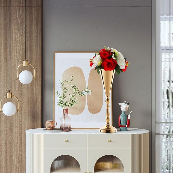 2 Pcs Tabletop Decoration Centerpiece, 16.7in Metal Wedding Flowers Gold Vase, Christmas Anniversary Birthday Party Home Decoration Flower Arrangement