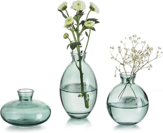Bud Vases 3Pcs/Set Small Vases Handmade Cute Green Small Vases for Flowers Centerpieces Glass Vases Mini Vase Home Decor Centerpieces, Events Table Decor