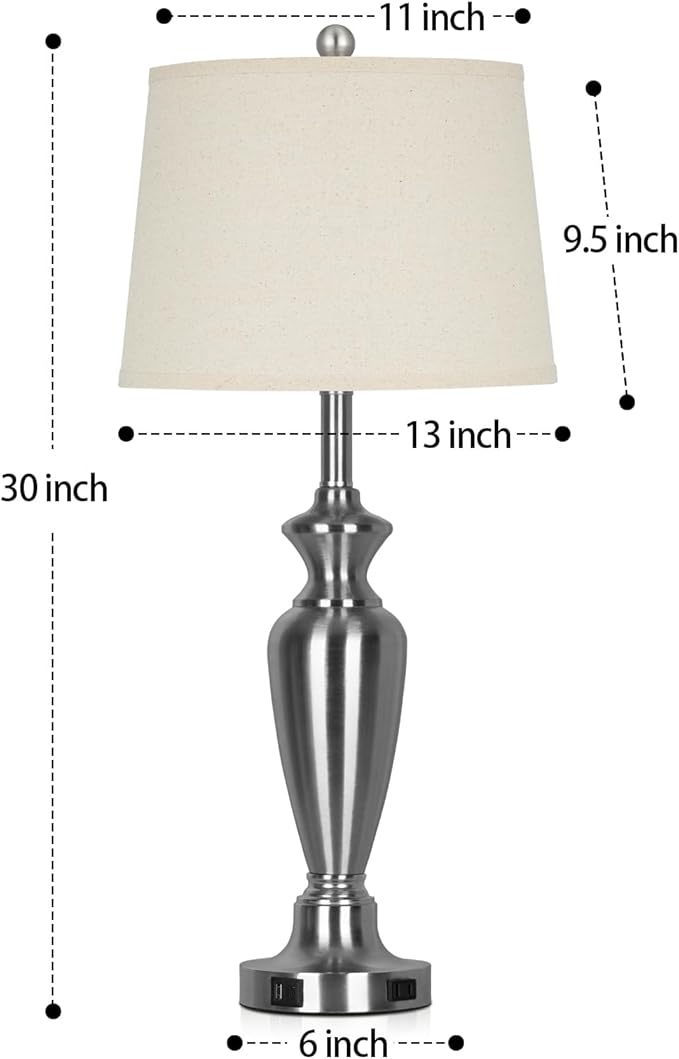 30" Tall Silver Table Lamps Set of 2 for Living Room, 3-Way Dimmable Touch Control Bedside Lamps for Bedroom Nightstand with USB A+C Ports & AC Outlet (2 LED Bulbs Included)