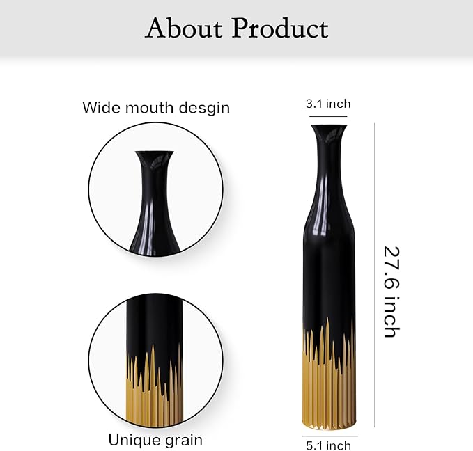 27.5 Inch Black Vase – Gold Tooth Design, Cylindrical Decorative Tall Floor Vase for Home Decor, Living Room, Entryway, Wedding – Resin Tall Vases