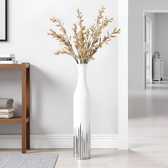 27.5 Inch White Floor Vase – Silver Geometric Tooth Pattern, Cylindrical Decorative Tall Vases for Modern Home, Wedding, Entryway – Resin Tall Floor Vase
