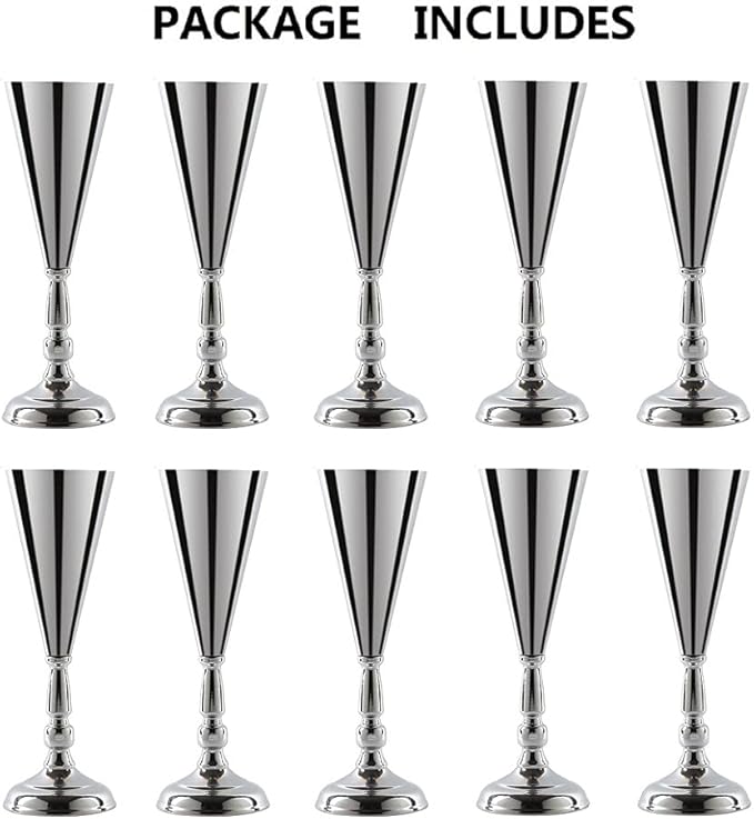 Tabletop Metal Wedding Flower Trumpet Vase Table Decorative Gold,Silver Candlestick Holders Flower Vase Stand Wedding Road Lead Tall Flower Holders (Silver, 10xM)