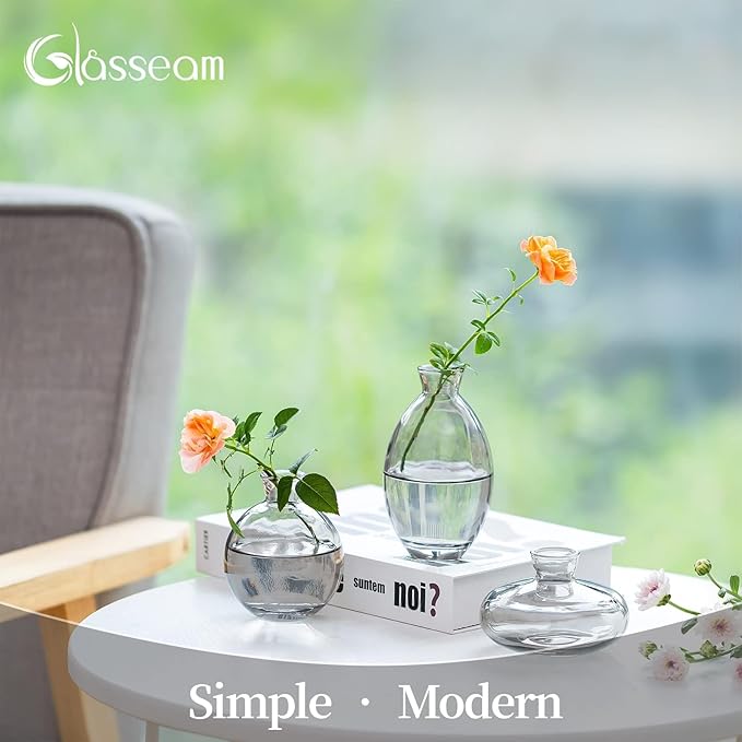 Glass Bud Vase for Centerpieces, 6Pcs/2Sets Glasseam Modern Gray Mini Small Vases for Flowers Bulk Flower Vase Set Aesthetic Cute Handmade Tiny Short Wedding Table Centerpiece Decor