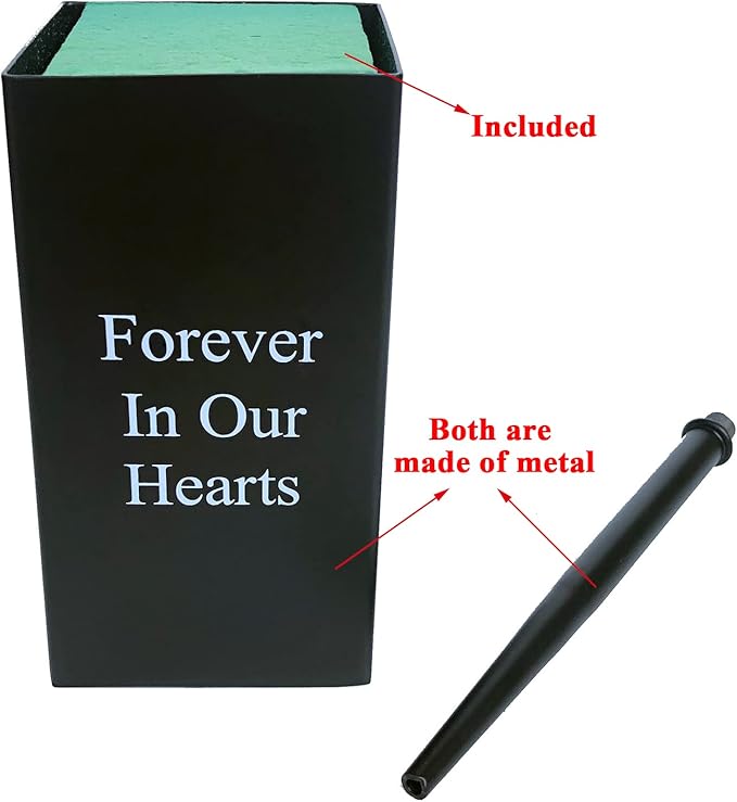 Metal Grave Vase Flower Holder in Ground Cemetery Vase Grave Decorations with Spikes and Floral Foam (Square) Black