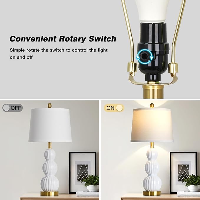 28" White Ceramic Table Lamps Set of 2, Modern Bedside Lamps for Night Stands, Triple Gourd Table Lamp for Living Room End Table or Bedroom Nightstand (2 LED Bulbs Included)