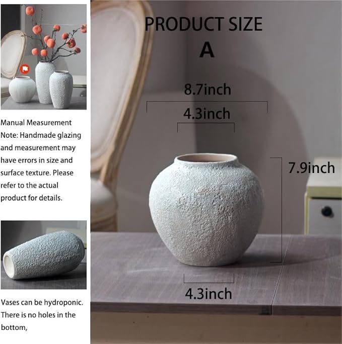 Denique Rustic Ceramic Tall Floor Vase, Vintage Farmhouse Decor - Large Terracotta Vases for Living Room Entryway Centerpiece (White-7.87inch Height)