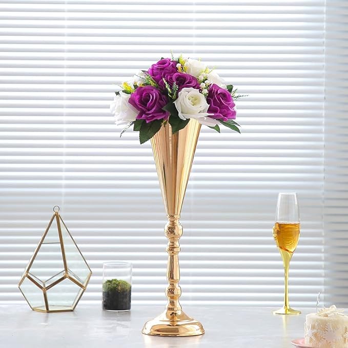 2 Pcs Tabletop Decoration Centerpiece, 16.7in Metal Wedding Flowers Gold Vase, Christmas Anniversary Birthday Party Home Decoration Flower Arrangement