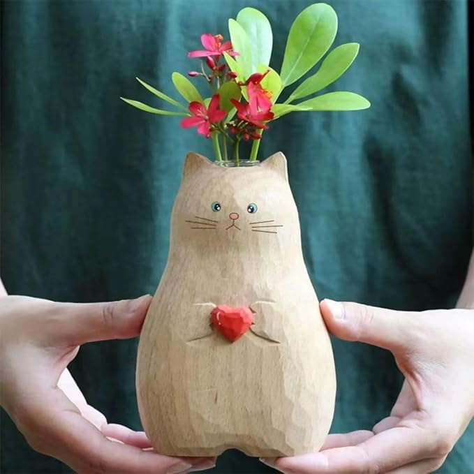 Wooden Color Cat Vase Handmade - BSELUTNGY Cute Creative Desktop Ornament and Healing Series for Office Decor Animal Design