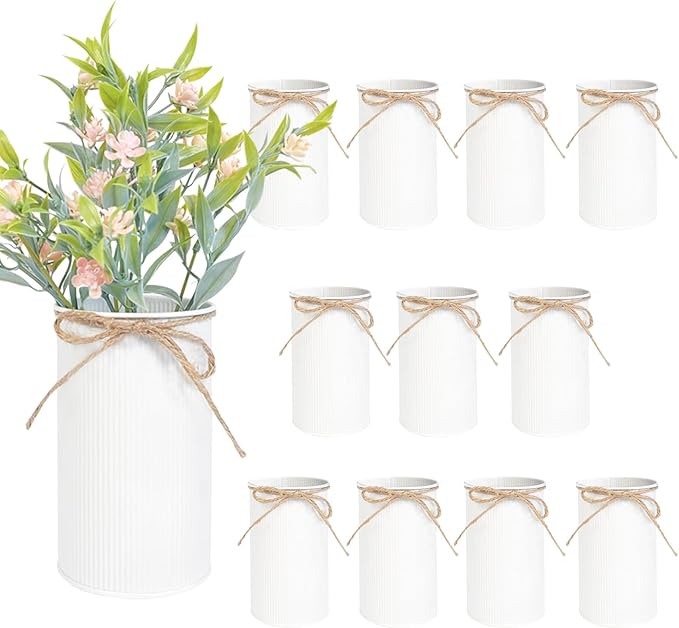 6" High Farmhouse Vases for Centerpiece, Rustic Mason Jars with Twine Bow for Flowers, Vintage Galvanized Metal Vase Tin Bucket for Wedding Home Decor (White, 12Pcs)