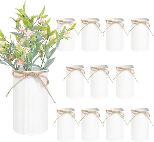 6" High Farmhouse Vases for Centerpiece, Rustic Mason Jars with Twine Bow for Flowers, Vintage Galvanized Metal Vase Tin Bucket for Wedding Home Decor (White, 12Pcs)