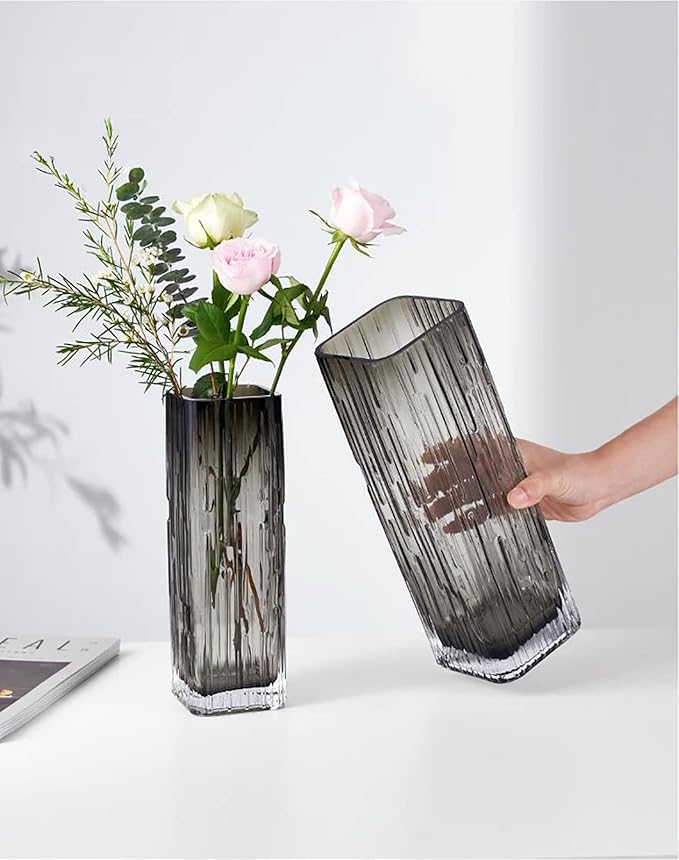 Modern Minimalist Glass Square vase, Crystal Glass vase, vase, Dry vase (Grey)