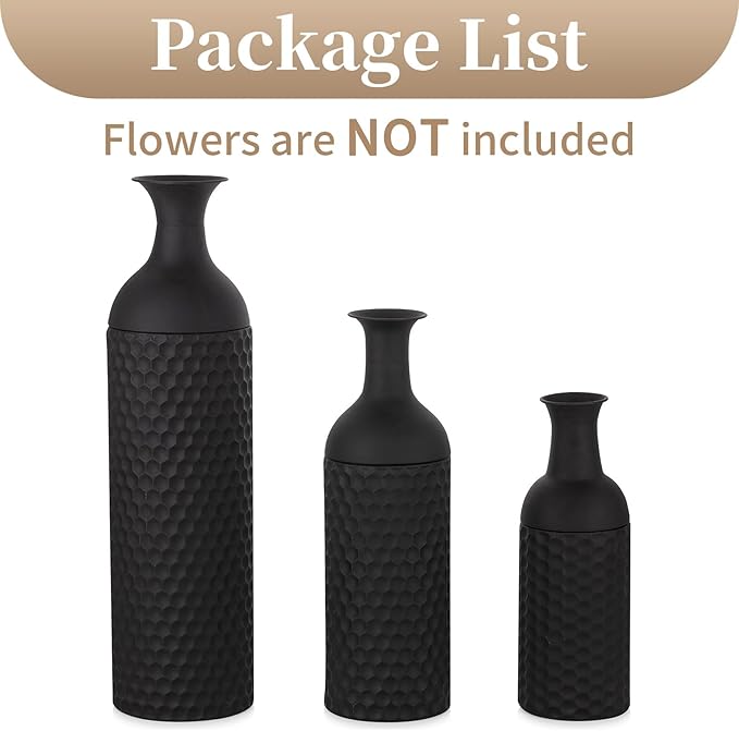 Sziqiqi Large Black Vases Tall 27inch - Metal Floor Standing Vase Set of 3 Modern Honeycomb Texture Big Standing Vase for Living Room Dining Bedroom Home Corner Hallway Indoor Office