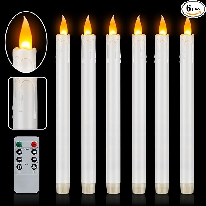 10" Flameless Taper Candles with Remote, 6 Pcs White Electric Led candlesticks, PlasticTall Taper Candles Battery Operated with Flickering Flame for Halloween Christmas Wedding Home Décor