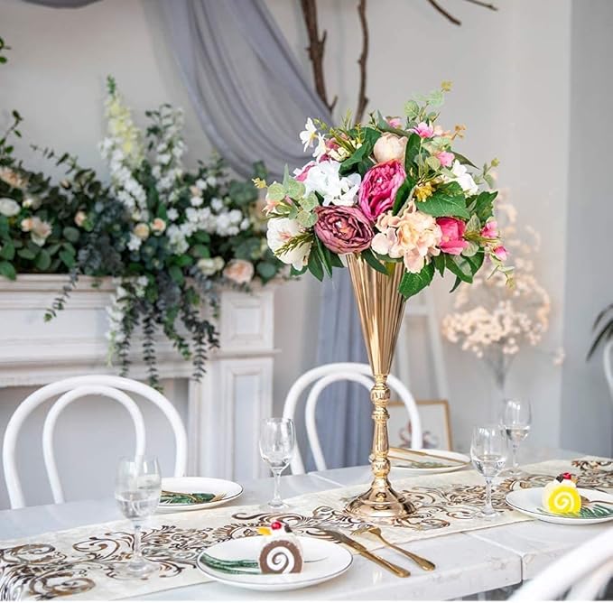 2 Pcs Tabletop Decoration Centerpiece, 16.7in Metal Wedding Flowers Gold Vase, Christmas Anniversary Birthday Party Home Decoration Flower Arrangement