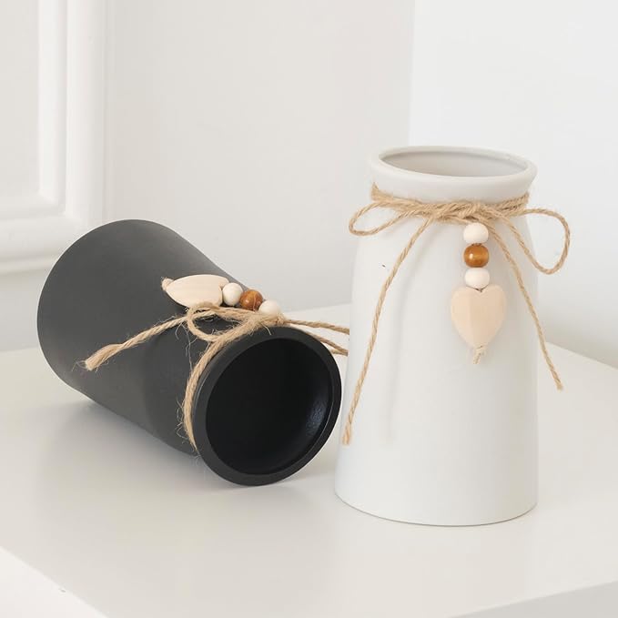 Charming 6-Inch Ceramic Vase | Jute Rope & Heart Charm Vase for Bohemian Farmhouse & Boho Décor, White Color