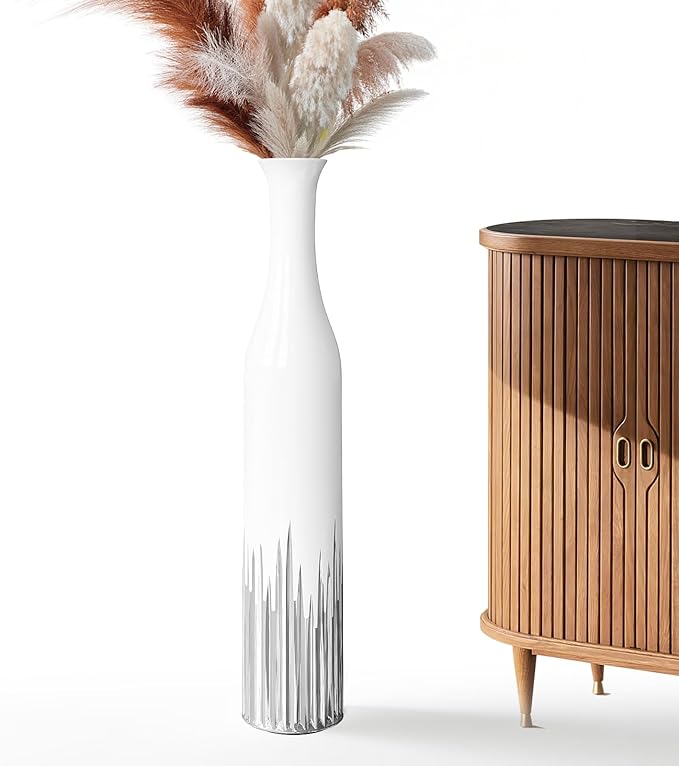 27.5 Inch White Floor Vase – Silver Geometric Tooth Pattern, Cylindrical Decorative Tall Vases for Modern Home, Wedding, Entryway – Resin Tall Floor Vase