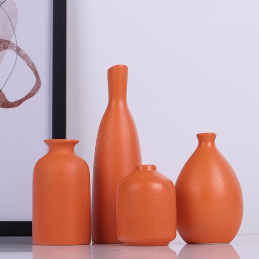 Orange Ceramic Bud Vases Set of 4, Farmhouse Style - Mantle & Shelf Decor - Living Room, Bathroom, Office & More