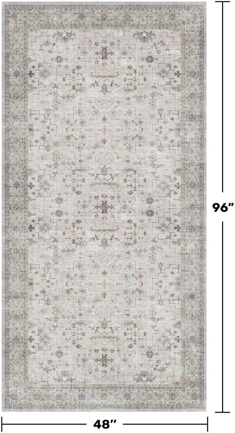 Light Gray Washable Rugs for Living Room - 4x8 Vintage Boho Eclectic Pastel, Washable Low Pile Non Slip Area Rug for Bedroom Beside Bed, Door Mat Indoor Entrance, Kitchen, Home Floor Decor