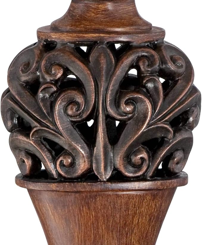 Regency Hill Exeter Traditional Style Table Lamps 30" Tall Full Size Set of 2 Bronze Wood Carved Leaf Creme Rectangular Bell Shade Decor for Living Room Bedroom House Bedside Nightstand Office