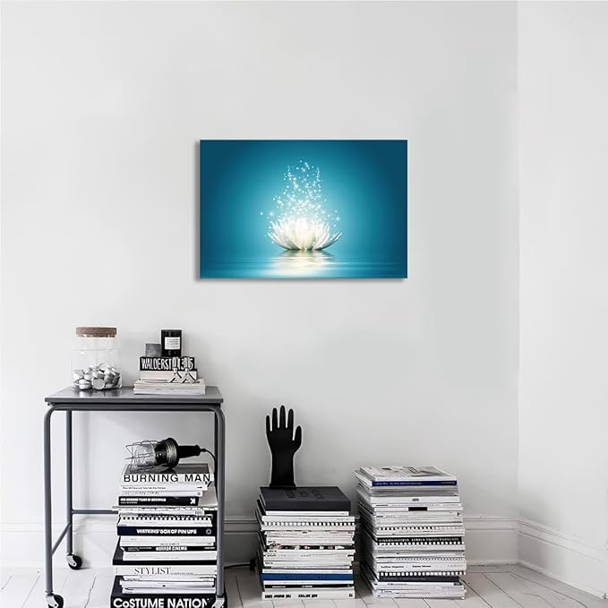 Zen Wall Art Flower Canvas Poster Lotus Bloom in Water Picture Lotus Prints Teal Blue Painting Room Aesthetic for Living Room Bedroom Yoga Spa Meditation Spiritual Wall Decor 16"x24" Unframed