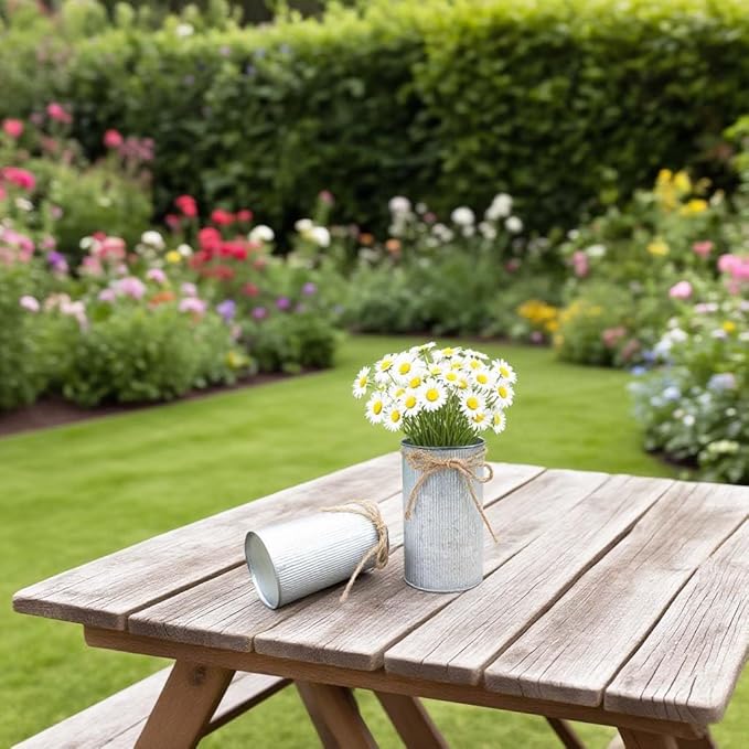 6" High Vase Centerpiece for Table, Rustic Farmhouse Mason Jars with Twine Bow, Vintage Galvanized Metal Flower Container for Wedding Home Decor (Silver, 6Pcs)