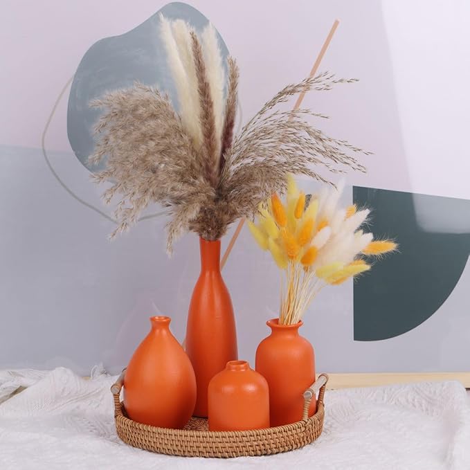 Orange Ceramic Bud Vases Set of 4, Farmhouse Style - Mantle & Shelf Decor - Living Room, Bathroom, Office & More