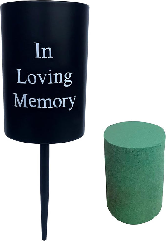 Metal Grave Memorial Vase Flower Holder in Ground Cemetery Vase Grave Decorations with Spikes and Floral Foam (Round) Black