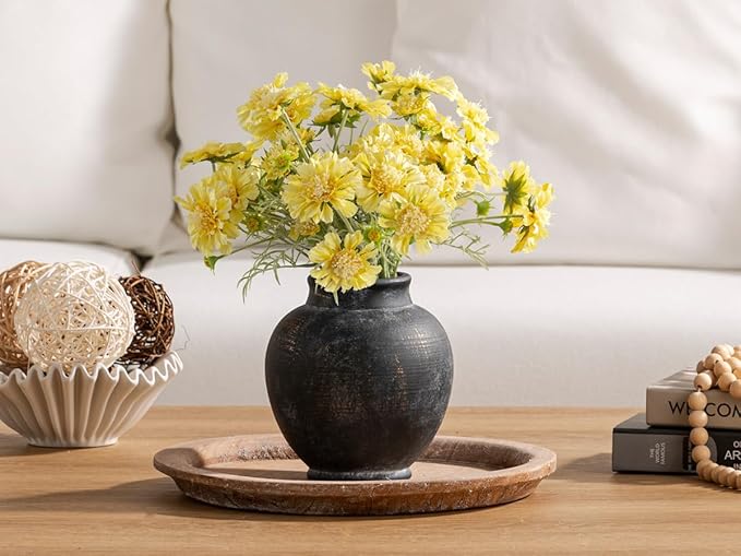 Ceramic Flower Vase, 6.7 Inch Rustic Farmhouse Decorative Vase Pottery Pampas Grass Vases for Home Decor Table Living Room Entryway Mantel Bookshelf Bedroom Bathroom Kitchen - Black