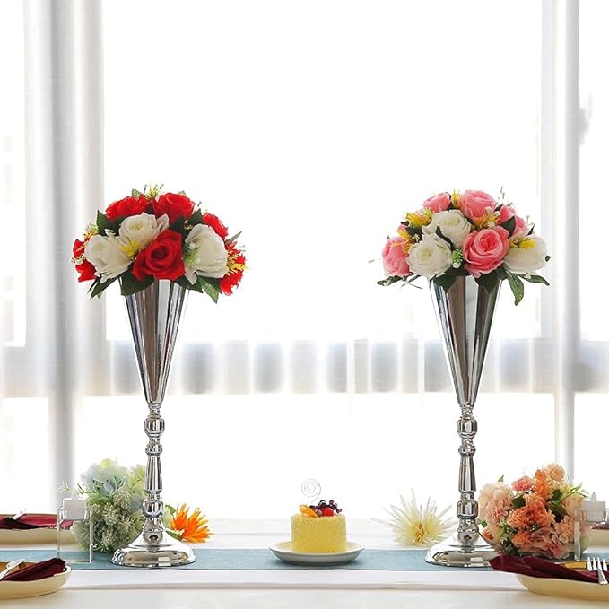 Tabletop Metal Wedding Flower Trumpet Vase Table Decorative Gold,Silver Candlestick Holders Flower Vase Stand Wedding Road Lead Tall Flower Holders