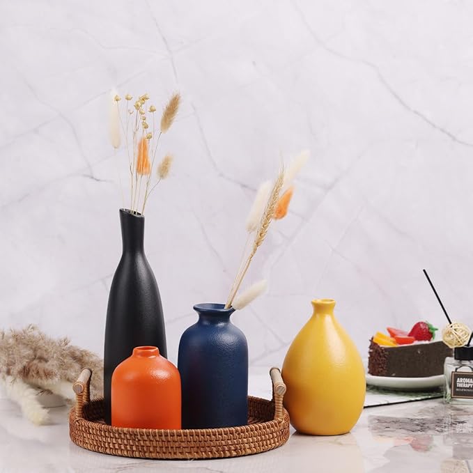 Colorful Ceramic Bud Vases Set of 4 - Modern Yellow, Orange, Blue Small Vases for Home Decor - Ideal for Living Room, Kitchen, Office, Bathroom, Mantle, Entrance, Farmhouse & Coffee Table Decorations