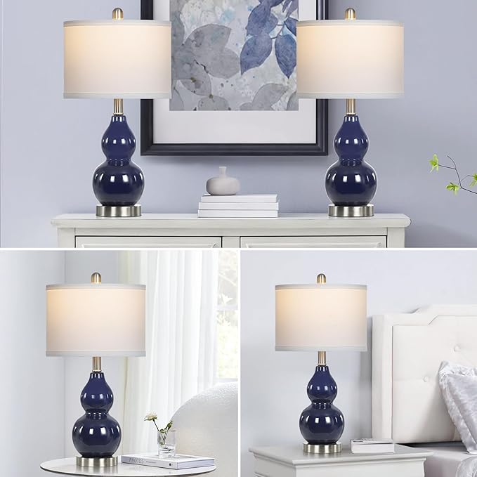 Double Gourd Ceramic Table Lamps Set of 2, Modern Navy Blue Bedside Lamps for Night Stand, Contemporary Nightstand Lamps for Bedroom Living Room (Bulb Included)