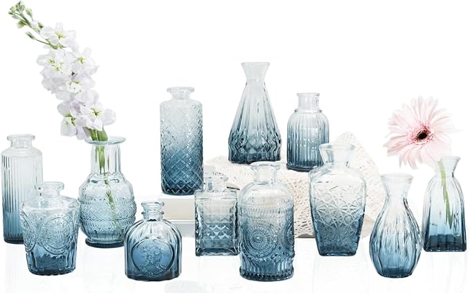 Bud Vases Set of 12,Glass Bud Vases in Bulk,Small Flower Vases for Centerpieces,Mini Vintage Vase for Wedding, Home Table Decor,Christmas,Party Decoration,Blue